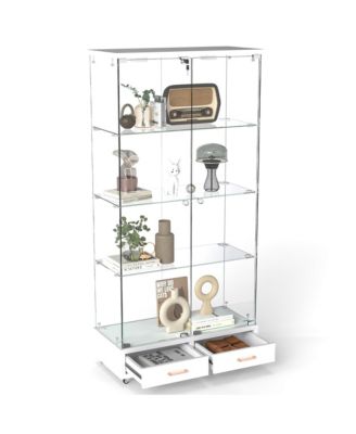 White Glass Display Cabinet w/ Drawers & LED Lights