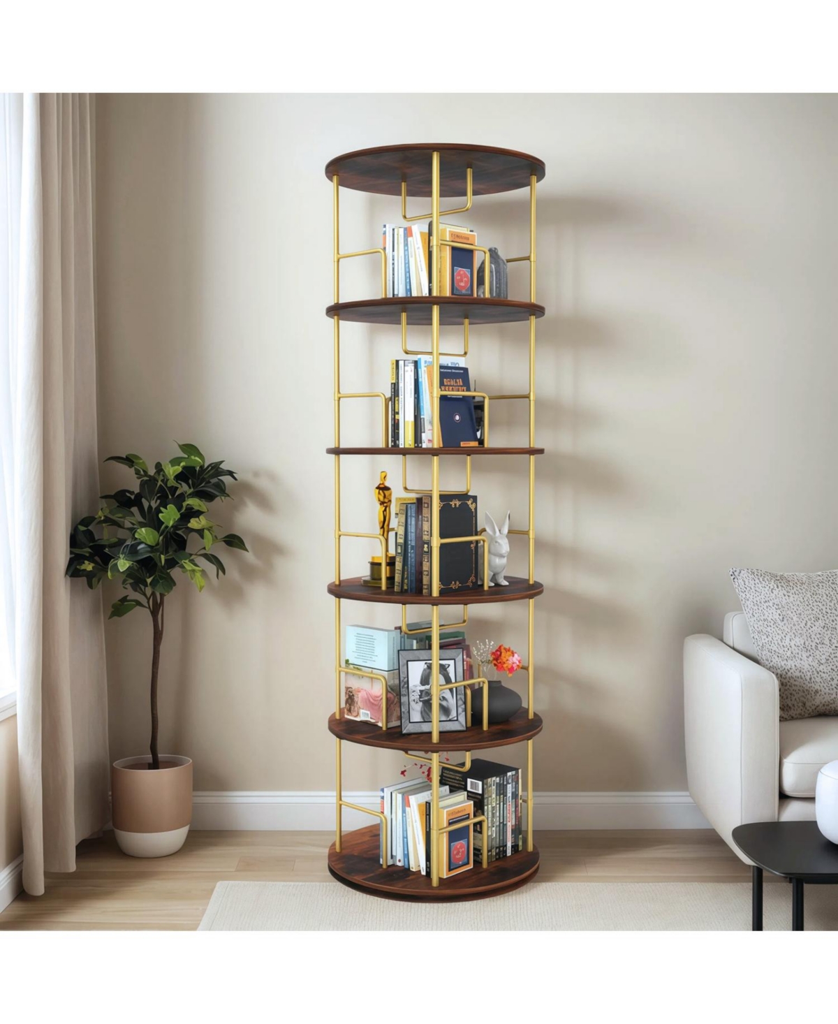 Streamdale Furniture Rotating 5-Tier Bookshelf - 360 Swivel, Gold