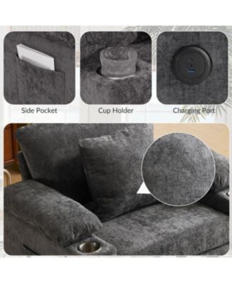 Oversized Chenille Chair with Ottoman USB & Cupholders