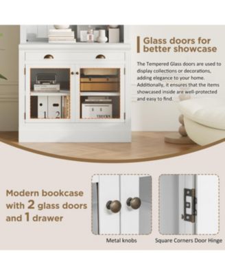 Streamdale Modern Bookcase with Glass Doors & Drawer, 83.4" Tall, White