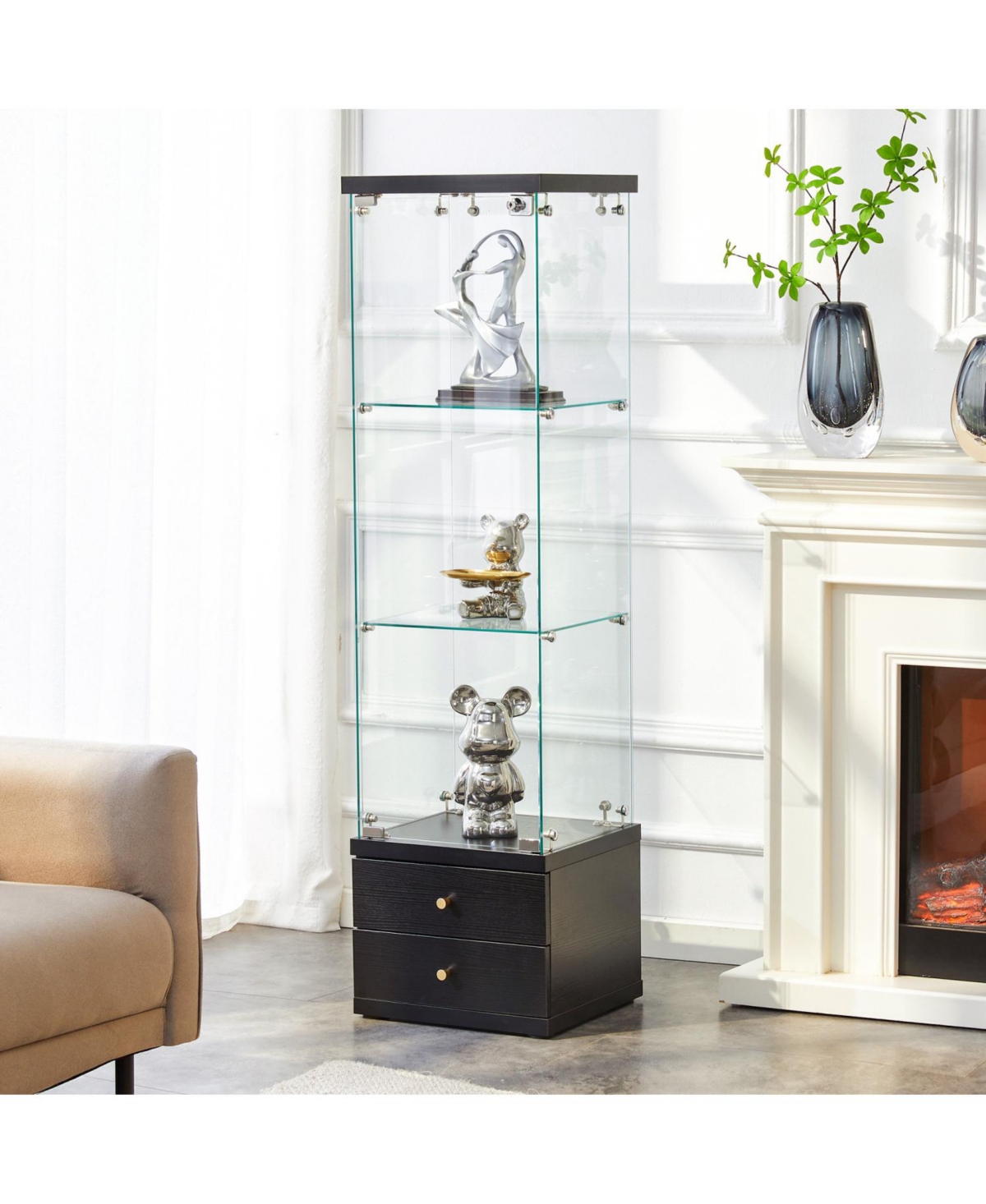 Streamdale Furniture American Glass Display Cabinet - Tempered Glass, Soft-Close Drawer, 3 Shelves