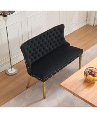  Velvet Dining Loveseat Bench, Tufted, Wing Back, Gold Legs, Black
