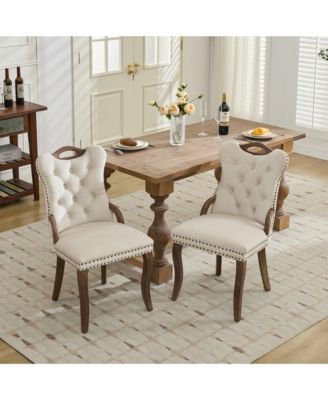 Streamdale Velvet Tufted Dining Chairs, Wood Handles & Legs, Copper Nails, Beige, Set of 2