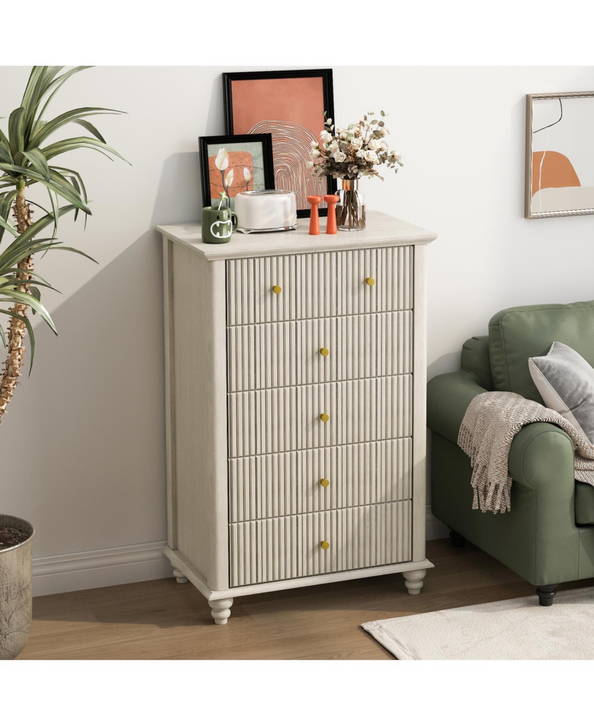 Streamdale Furniture Fluted 5 Drawer Dresser - Beige