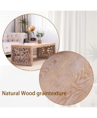 Rustic Carved Wood Coffee Table - Ornate Panels, Natural Finish