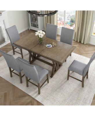 Streamdale Mid-Century Extendable Dining Set, Solid Wood, 6 Seats, Golden Brown
