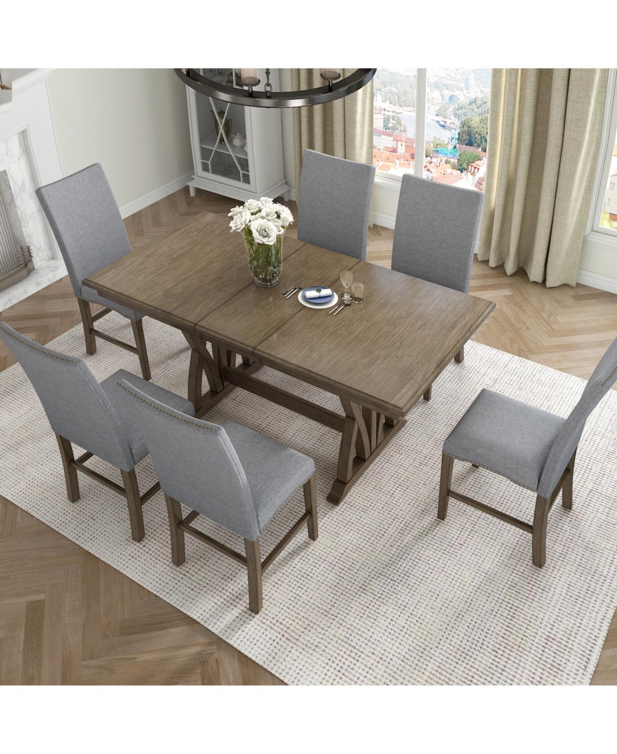 Streamdale Furniture Streamdale Mid-Century Extendable Dining Set, Solid Wood, 6 Seats, Golden Brown