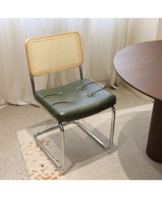 Faux Leather Rattan Dining Chairs, Chrome Legs, Green, Set of 2