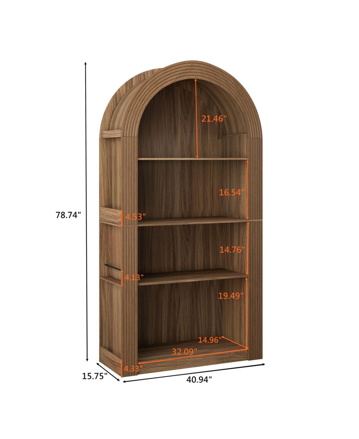 Streamdale Furniture 78" Arched Bookcase - Mid Century Modern 4-Tier Display Shelf (Brown)