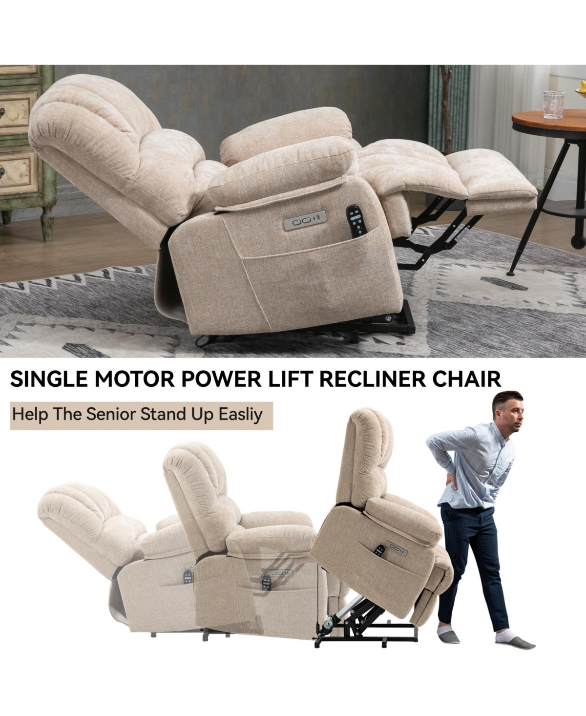 Streamdale Furniture Beige Chenille Power Lift Recliner with Massage and Heating
