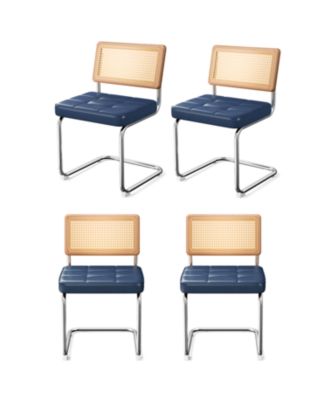 Rattan Dining Chairs Set of 4 Blue Faux Leather