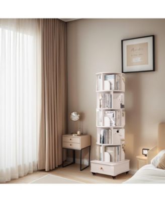 Rotating Bookshelf with Drawer, 6-Tier Corner Bookcase, White