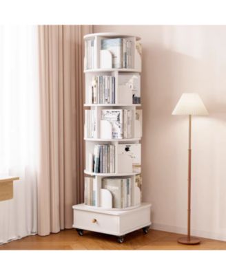 Rotating Bookshelf with Drawer, 6-Tier Corner Bookcase, White
