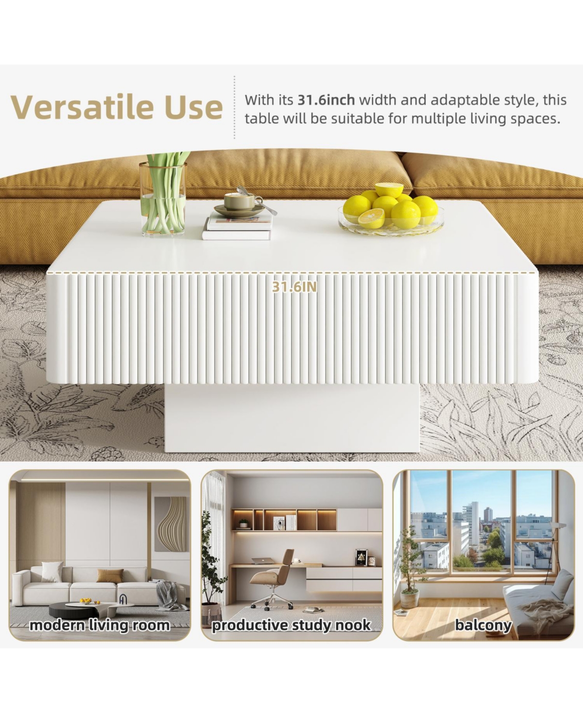 Streamdale Furniture Elegant Square Fluted Coffee Table, Modern Drum End Table