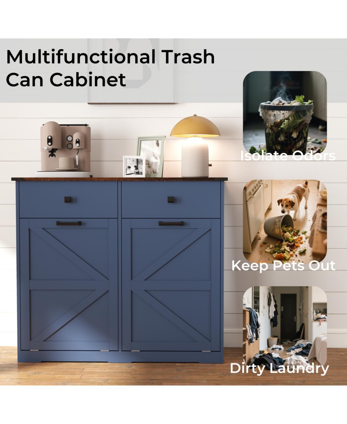 Streamdale Furniture Farmhouse Blue Double Tilt Out Trash Cabinet