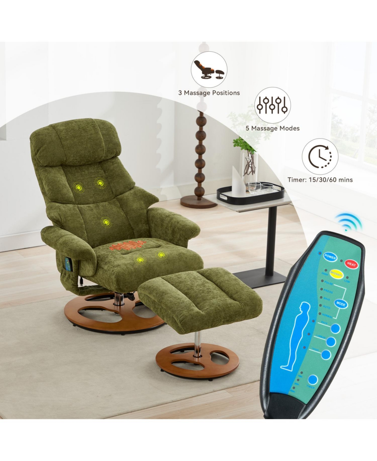 Streamdale Furniture Ergonomic Recliner Chair with Ottoman, Massage, Heat, 360 Swivel, Green