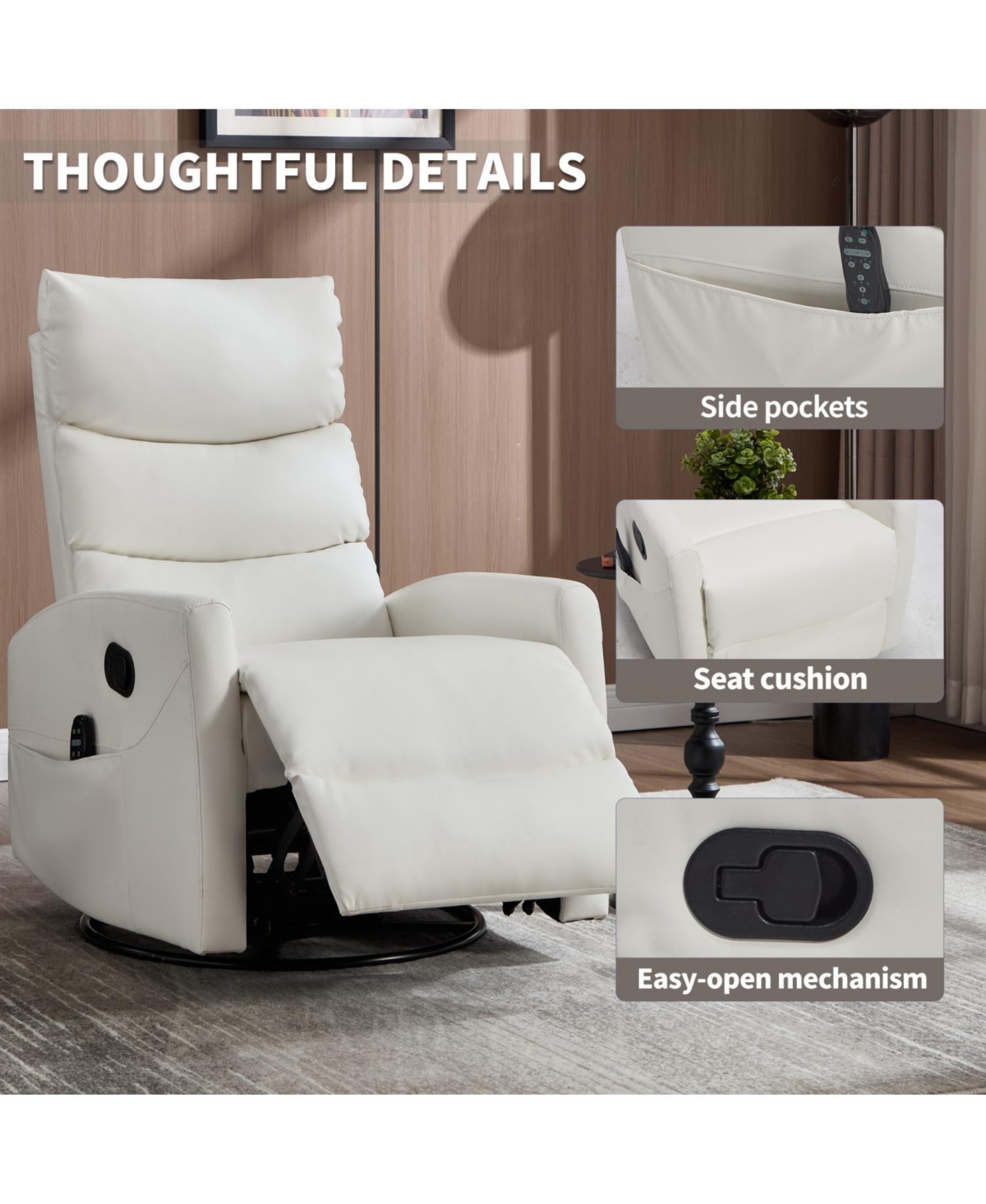 Streamdale Furniture Streamdale White Fabric Heat Massage Rocker Recliner