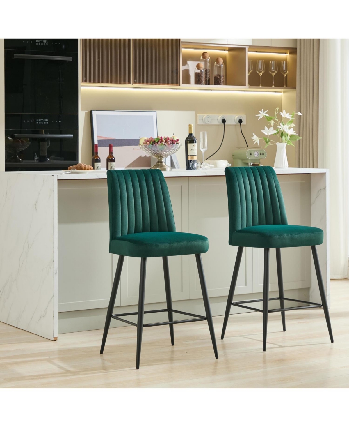 Streamdale Furniture Streamdale Velvet Green Bar Chairs Set of 2 Adjustable Iron Feet