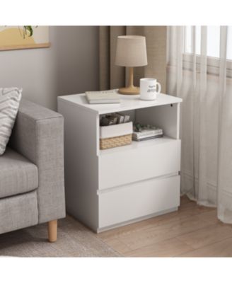  End Table with USB C Charging, 2 Drawers, Storage Cabinet - White