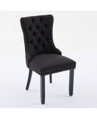 Nikki Tufted Linen Dining Chair Set (2), Modern & Contemporary, Black Upholstery, Black Wood Legs