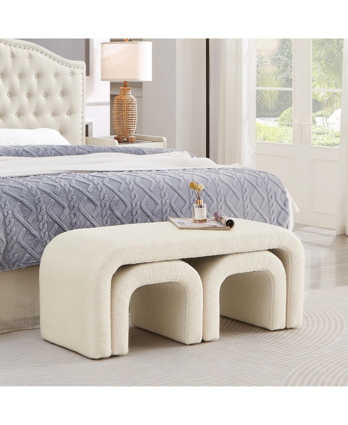 Streamdale Furniture U-Shaped Teddy Ottoman Bench Set of 3- Cream