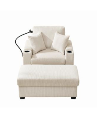  55" Oversized Chaise Lounge Chair with Ottoman, Storage & USB - Beige