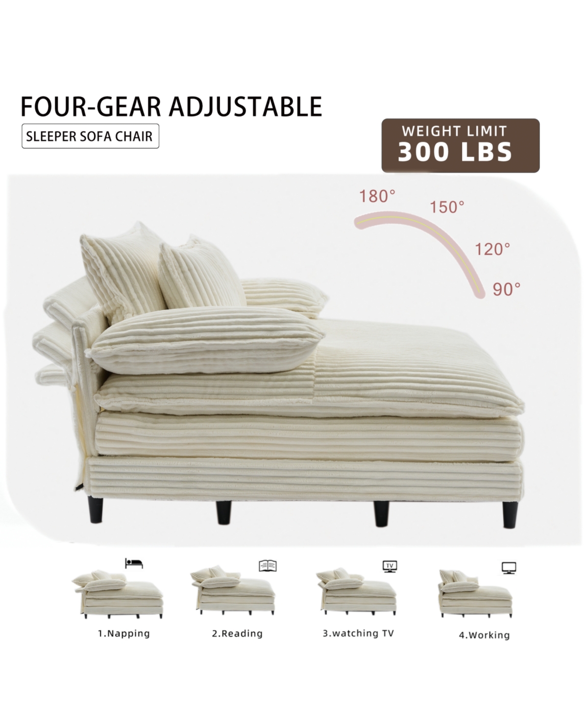 Streamdale Furniture Streamdale Oversized Corduroy Chaise Lounge Sofa Bed w/ Pillows