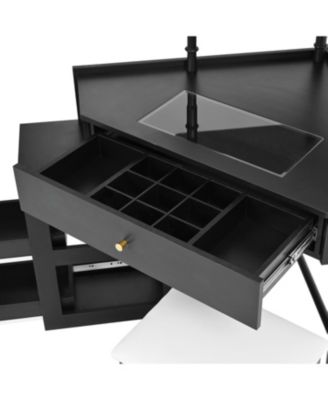 Streamdale Corner Vanity Desk Set, Cushioned Stool, Charging Station, Black