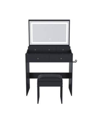 Modern Vanity Desk with Lighted Mirror & Power Outlet - Black