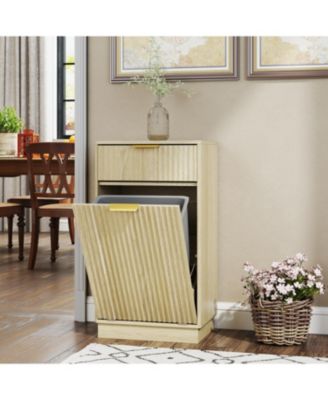 Oak Woodgrain Tilt-Out Trash Cabinet with Drawer & Pull-Out Bin