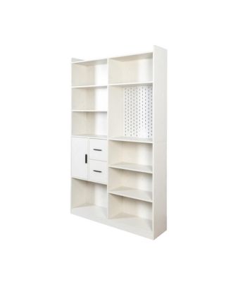 Streamdale White Bookshelf with Pegboard & Drawer, 9 Cubbies