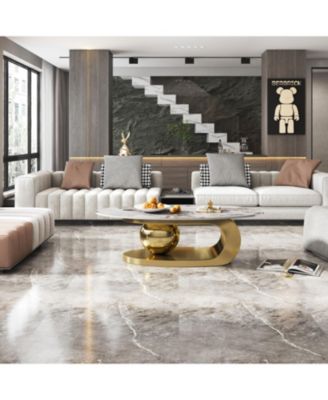 Oval Faux Marble Coffee Table with Stainless Steel Base