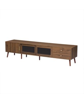 76" Modern Glass-Door TV Stand for 85" TVs, Wood-Grain Entertainment Center