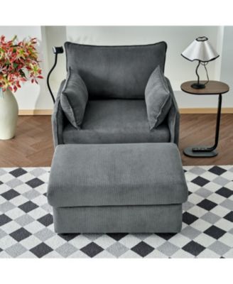 55" Corduroy Chaise Lounge with Ottoman & Storage - Grey