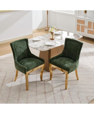 Chenille Dining Chairs, Gold Legs, Rivet Trim, Green, Set of 2