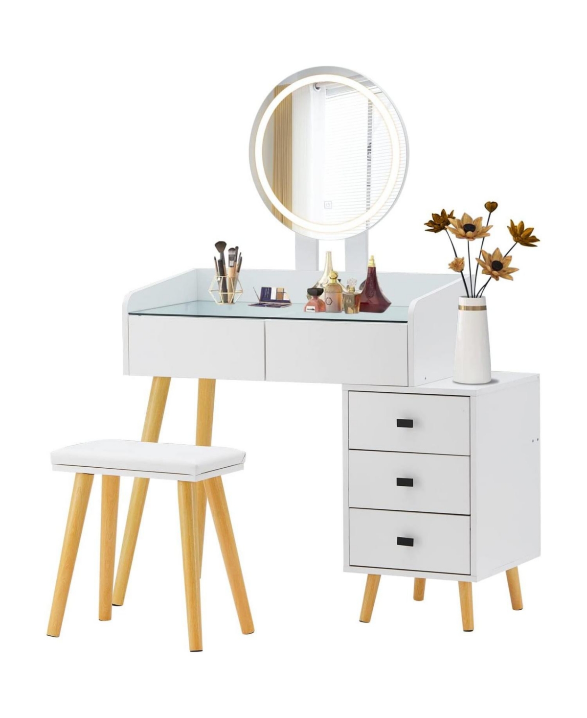 Streamdale Furniture Streamdale Led Glass Top Dressing Table with Ext. Table & Stool