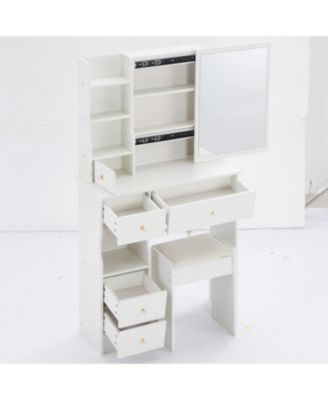 Compact Vanity Table with Large Mirror and Multi-Tier Storage, Stool Included