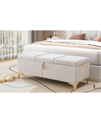 Upholstered Storage Ottoman Bench - Metal Legs, Beige