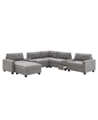 104" Tufted Sectional Sofa with Acrylic Table, Consoles, USB Charger, Storage, Ottoman