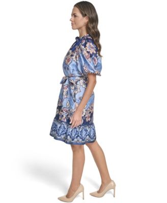 Women's Bubble-Sleeve Trapunto Sash Trap Float Dress