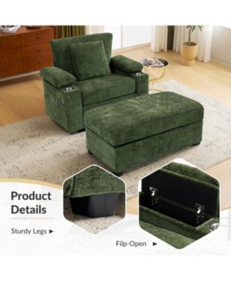Oversized Chenille Chair with Ottoman USB & Cupholders
