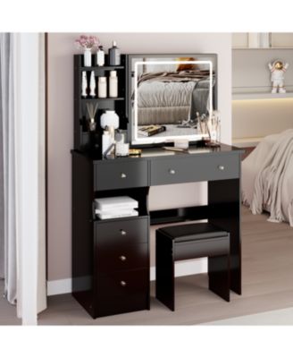 + 37" + Wood/Glass (assuming typical vanity materials) + LED Mirror + Vanity Table with Stool
