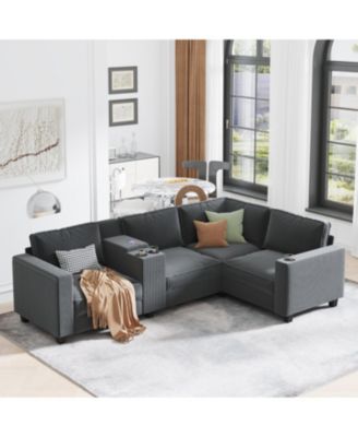 L-Shaped Corduroy Sofa w/ Storage & USB