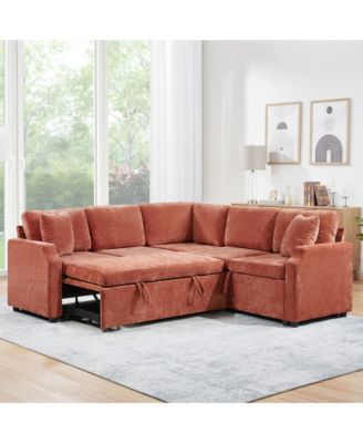 Sectional Sofa Bed L-Shape Orange Sleeper with Hidden Storage