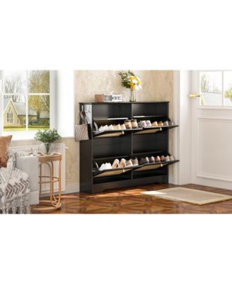 Streamdale Mid-Century Narrow Shoe Cabinet - 4 Flip Drawers, Rattan Doors, Hooks, Black