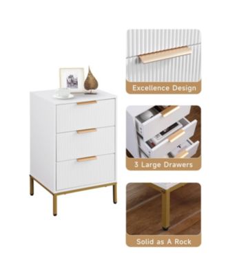 Mid-Century Modern Nightstand with Gold Legs & Wavy Drawers - White