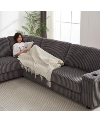 Streamdale Oversized Corduroy Corner Sofa w/ Storage, USB, Cup-holder