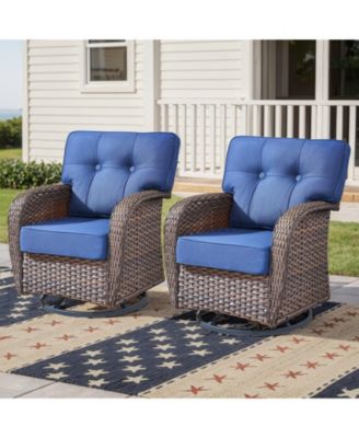 T-Frame Brown Wicker Outdoor Swivel Glider Chairs with Olefin 5 In. Thick Cushions 2-Pack）