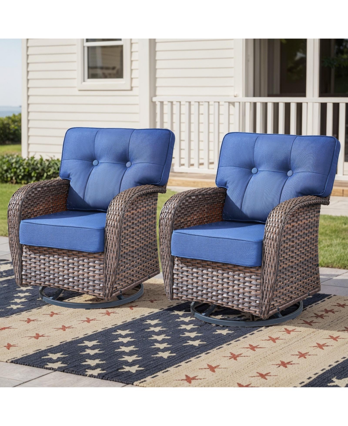 Gymojoy T-Frame Brown Wicker Outdoor Swivel Glider Chairs with Olefin 5 In. Thick Cushions 2-Pack）