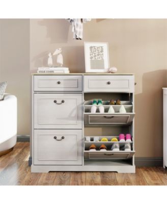 Shoe Storage Cabinet - 2 Drawers, 4 Flip Drawers - Antique White
